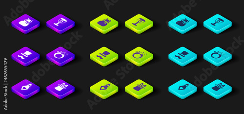 Set Bottle with potion, Magician hat and rabbit ears, stone ring, Medieval goblet and Witch cauldron icon. Vector