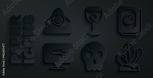 Set Skull, Tarot cards, Magic stone, Medieval goblet and All-seeing eye of God icon. Vector