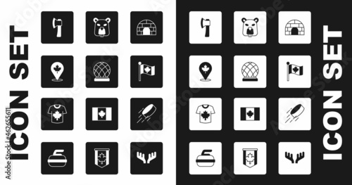 Set Igloo ice house, Montreal Biosphere, Canadian maple leaf, Wooden axe, Flag of Canada, Beaver animal, Hockey puck and jersey icon. Vector