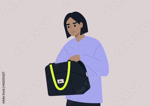 Young female character looking for keys or money in their bag, a daily routine scene