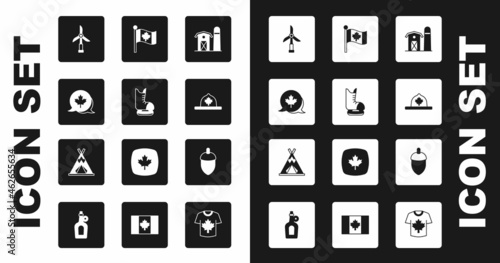 Set Farm house, Skates, Canadian maple leaf, Wind turbine, ranger hat, Flag of Canada, Acorn and Indian teepee wigwam icon. Vector