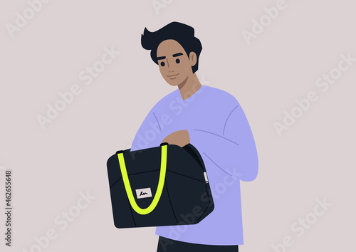 Young male character looking for keys or money in their bag, a daily routine scene