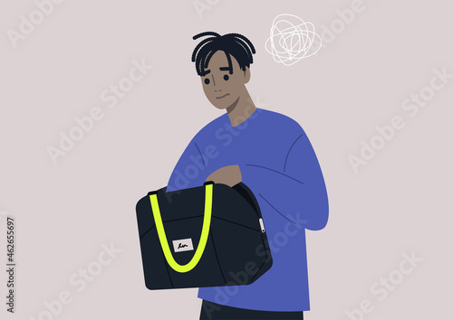 Young anxious male Black character looking for keys or money in their bag, a daily routine scene