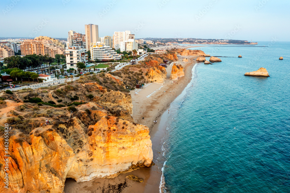 Aerial view of the coast in Portimao by sunset, Algarve, Portugal