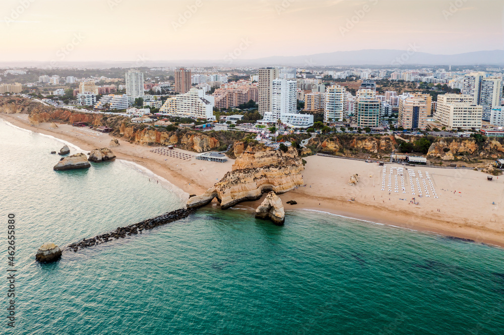 Aerial view of the coast in Portimao by sunset, Algarve, Portugal