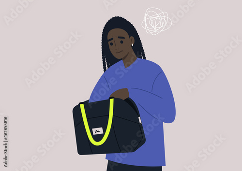 Young anxious female Black character looking for keys or money in their bag, a daily routine scene