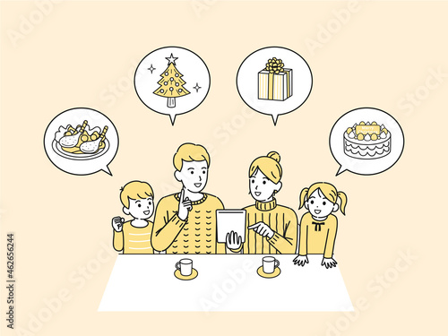 クリスマスの買い物を決める家族　タブレット　イラスト素材