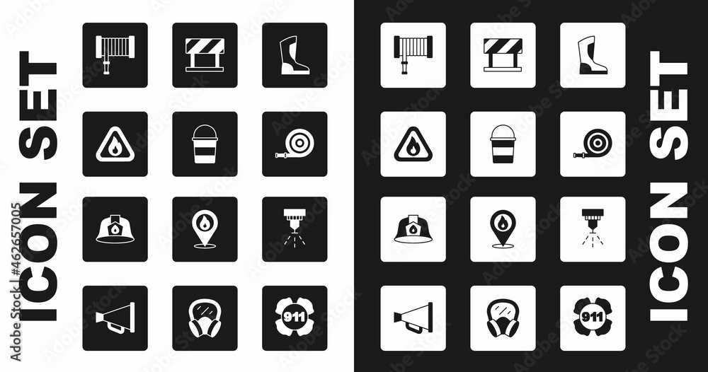 Set Fire boots, bucket, flame in triangle, hose reel, Road barrier, sprinkler system and Firefighter helmet icon. Vector Set Fire boots, bucket, flame in triangle, hose reel, Road barrier, sprinkler system and Firefighter helmet icon. Vector