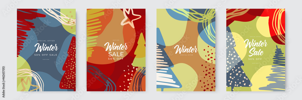 Fototapeta Set of abstract winter backgrounds. Colorful winter banners with falling snowflakes, snowy trees. Wintry scenes. Use for event invitation, discount voucher, ad.