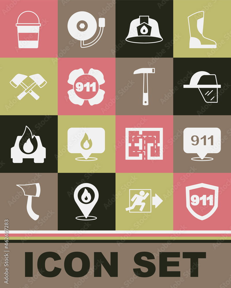 Set Emergency call 911, Firefighter helmet, axe, bucket and icon. Vector Set Emergency call 911, Firefighter helmet, axe, bucket and icon. Vector