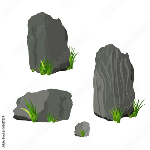 Vector rock stone and grass set cartoon. Stones and rocks in isometric 3d flat style. Set of different boulders. Cartoon or Video Game props photo