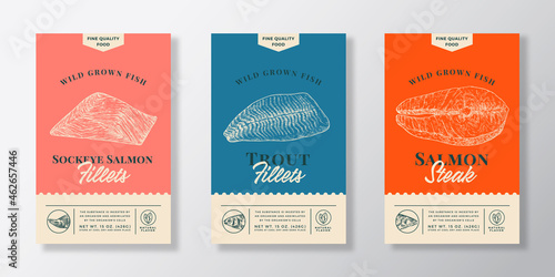 Fish Abstract Vector Packaging Labels Design Set. Modern Typography Banner, Hand Drawn Salmon and Trout Fish Fillets Sketch Silhouettes. Color Paper Background Layouts Collection. Isolated
