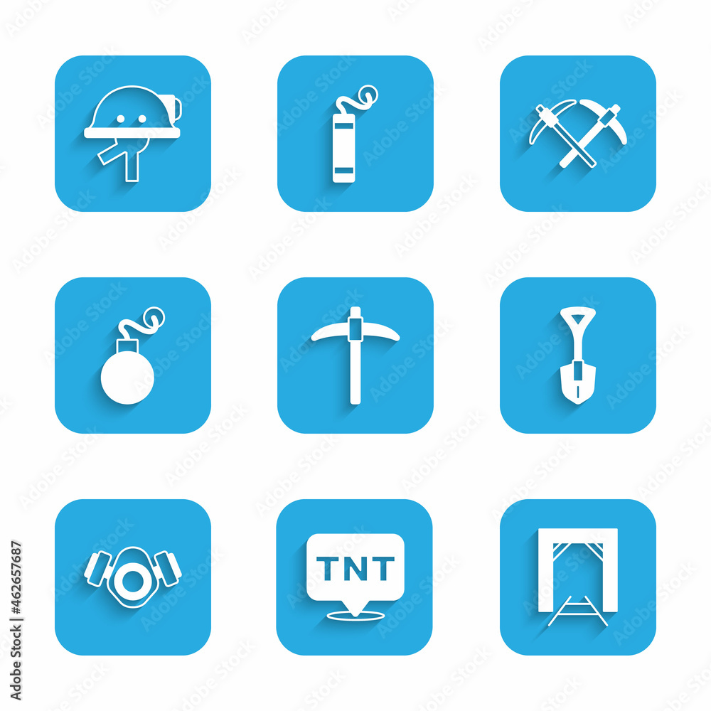 Set Pickaxe, Dynamite, Mine entrance, Shovel, Gas mask, Bomb, and Miner helmet icon. Vector Set Pickaxe, Dynamite, Mine entrance, Shovel, Gas mask, Bomb, and Miner helmet icon. Vector