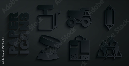 Set Mine entrance, Gem stone, Giant magnet holding iron dust, Mining dump truck and Handle detonator icon. Vector