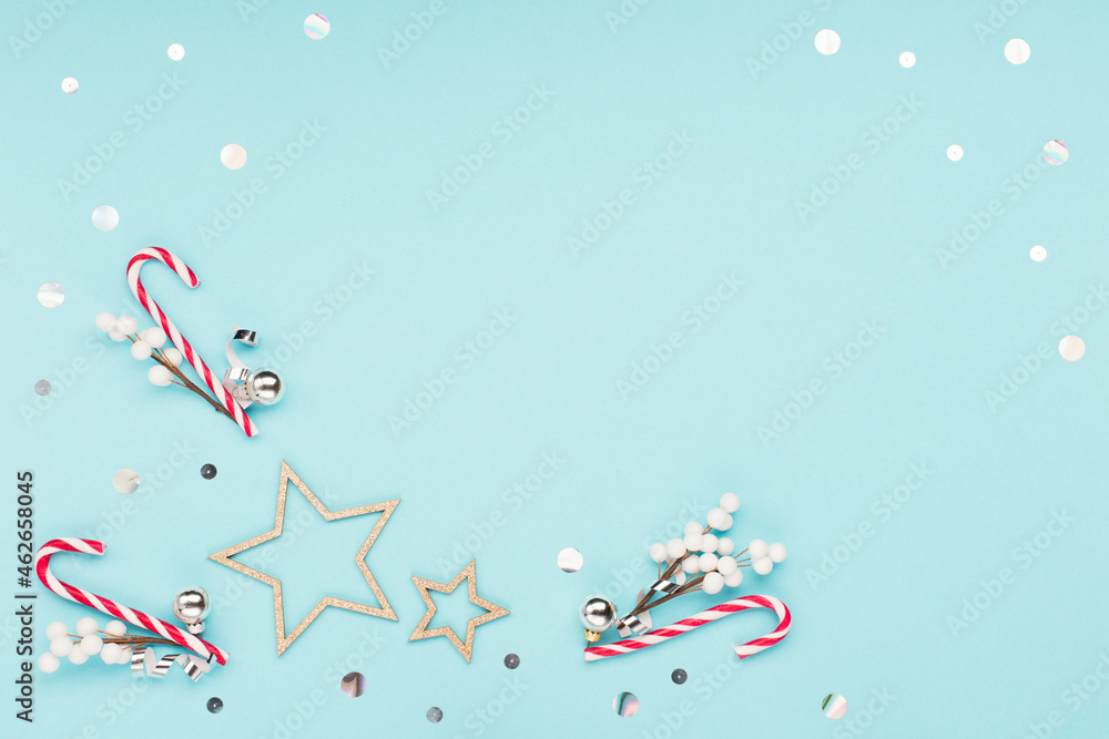 Naklejka premium Christmas or winter holiday composition. Card with snowflakes and red gift box on pastel blue background.