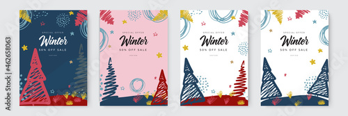 Set of abstract winter backgrounds. Colorful winter banners with falling snowflakes, snowy trees. Wintry scenes. Use for event invitation, discount voucher, ad.