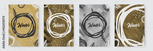 Set of abstract winter backgrounds. Colorful winter banners with falling snowflakes  snowy trees. Wintry scenes. Use for event invitation  discount voucher  ad.