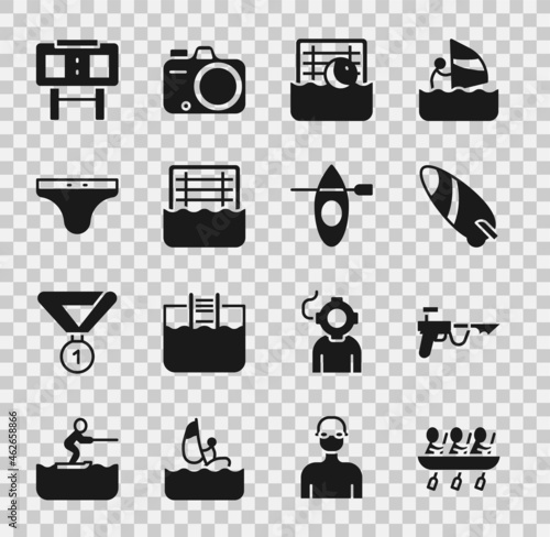 Set Canoe rowing team sports, Fishing harpoon, Surfboard, Water polo, Swimming trunks, Sport mechanical scoreboard and Kayak and paddle icon. Vector