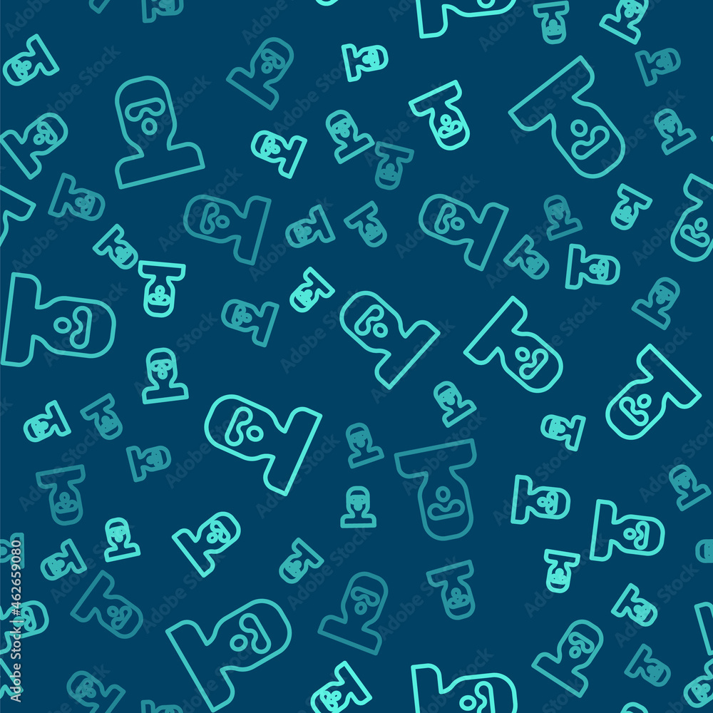 Green line Thief mask icon isolated seamless pattern on blue background. Bandit mask, criminal man. Vector Green line Thief mask icon isolated seamless pattern on blue background. Bandit mask, criminal man. Vector
