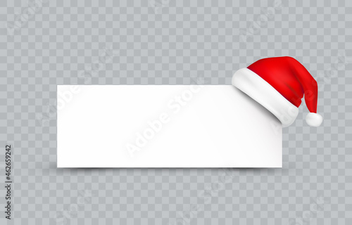 Santa Claus hat with white paper banner isolated on transparent background. New Year or Christmas red cap and frame. Vector 3d xmas icon