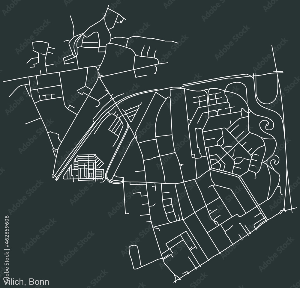Detailed negative navigation urban street roads map on dark gray background of the quarter Vilich sub-district of the German capital city of Bonn, Germany