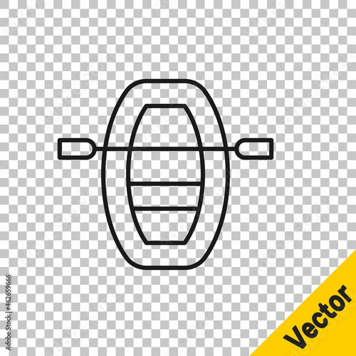 Black line Boat with oars icon isolated on transparent background. Water sports, extreme sports, holiday, vacation, team building. Vector