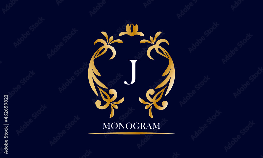 Obraz premium Golden elegant monogram on a black background with the inscription and the letter J in white. Vector heraldic illustration. Luxury ornament sign, restaurant, boutique, cafe, hotel