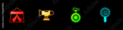 Set Circus tent, Swing plane, Unicycle or one wheel bicycle and Lollipop icon. Vector