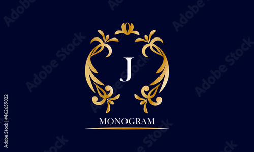 Golden elegant monogram on a black background with the inscription and the letter J in white. Vector heraldic illustration. Luxury ornament sign, restaurant, boutique, cafe, hotel