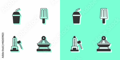 Set Boat swing, Paper glass with water, Striker attraction hammer and Ice cream icon. Vector
