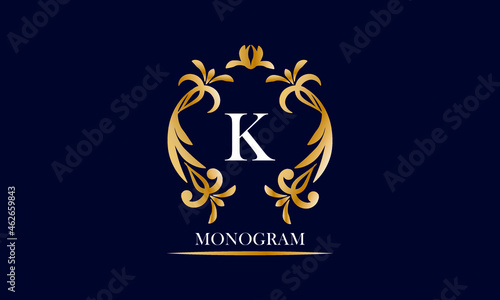 Golden elegant monogram on a black background with the inscription and the letter K in white. Vector heraldic illustration. Luxury ornament sign, restaurant, boutique, cafe, hotel