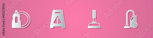 Set paper cut Dishwashing liquid bottle, Wet floor, Rubber plunger and Vacuum cleaner icon. Paper art style. Vector