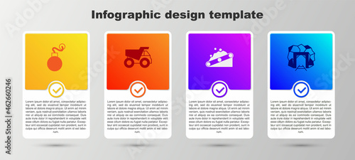 Set Bomb, Mining dump truck, Conveyor belt carrying coal and Mine entrance. Business infographic template. Vector