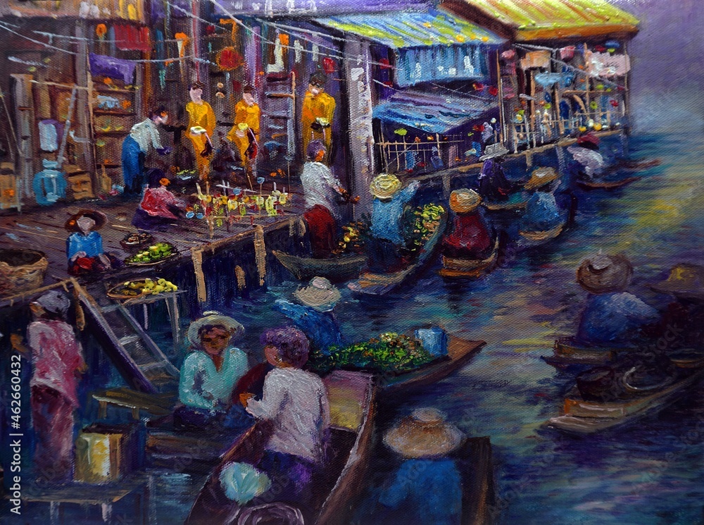Art painting Oil color Floating market Thailand , countryside