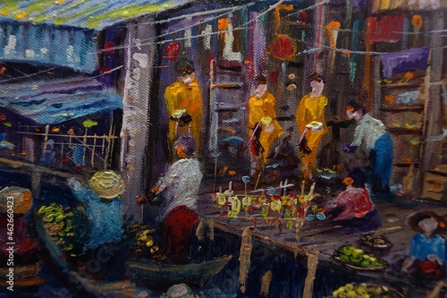 Art painting Oil color Floating market Thai land , countryside