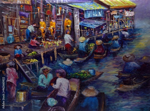 Art painting Oil color Floating market Thailand , countryside © Kwang Gallery