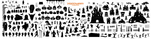 Happy Halloween Magic collection, witch, wizard attributes, creepy and spooky elements for halloween decorations, doodle silhouettes, sketch, icon, sticker. Hand drawn vector illustration.