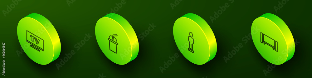 Set Isometric line Smart Tv, Paper glass with water, Movie trophy and icon. Vector Set Isometric line Smart Tv, Paper glass with water, Movie trophy and icon. Vector