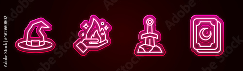 Set line Witch hat, Hand holding fire, Sword the stone and Tarot cards. Glowing neon icon. Vector