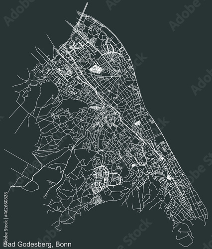 Detailed negative navigation urban street roads map on dark gray background of the quarter Godesberg district of the German capital city of Bonn, Germany photo