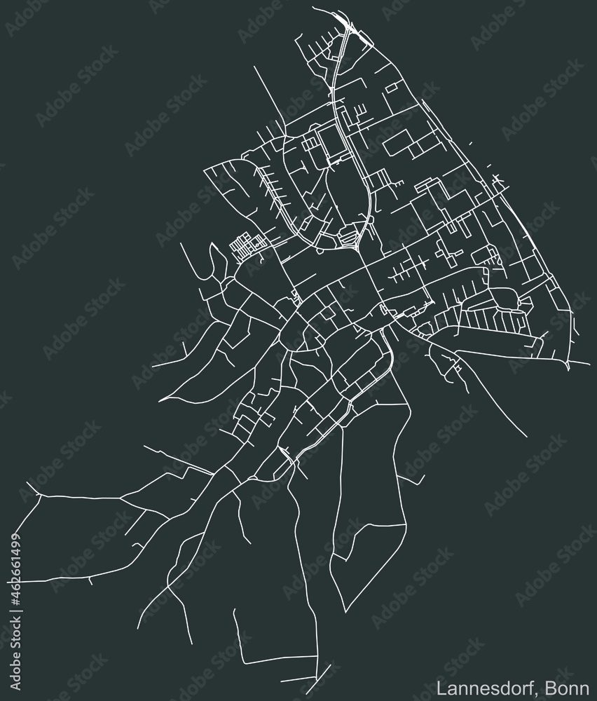 Detailed negative navigation urban street roads map on dark gray background of the quarter Lannesdorf sub-district of the German capital city of Bonn, Germany