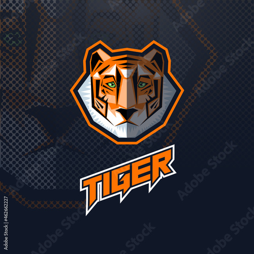 Tiger head logo, mascot or esport with the inscription on a black background.
