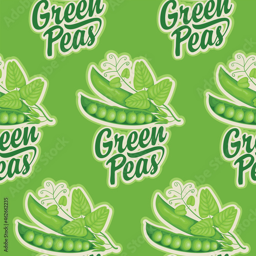 Seamless pattern with green peas and inscriptions on a green backdrop in retro style. Vector repeating background for raw, canned, frozen green peas. Suitable for branded wrapping paper and packaging
