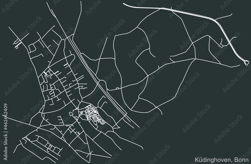 Detailed negative navigation urban street roads map on dark gray background of the quarter Küdinghoven sub-district of the German capital city of Bonn, Germany