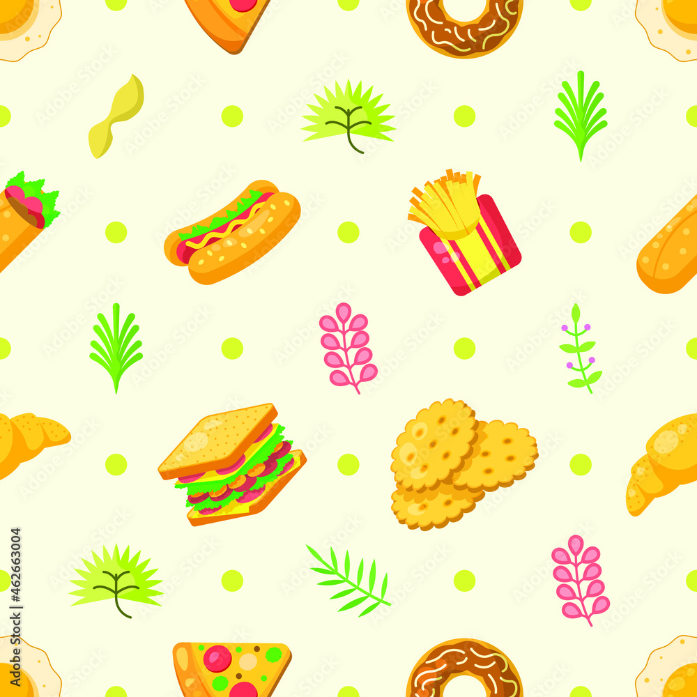 Seamless Pattern Abstract Elements Fast Food With Leaves Vector Design Style Background Illustration Texture For Prints Textiles, Clothing, Gift Wrap, Wallpaper, Pastel