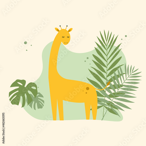 giraffe with palm leaves and plants on a light background