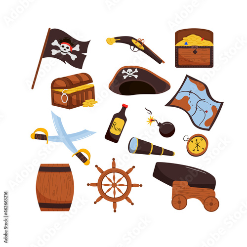 Pirate set. Isolated on a white background. Cartoon style. Hat, chest of gold, spyglass. Steering wheel, bomb, flag. Vector illustration