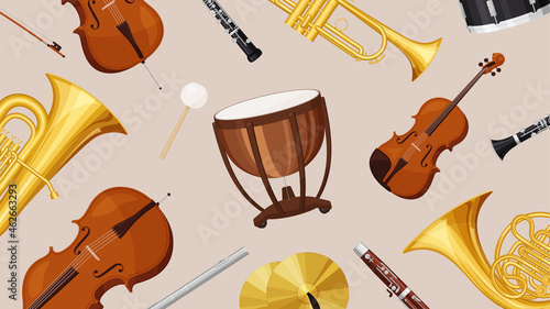オーケストラの楽器が並んだ背景イラスト_16:9