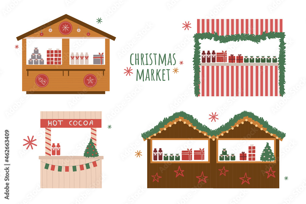 Set of Christmas market illustrations, Happy New year and Christmas with festive decor, garlands, gifts.