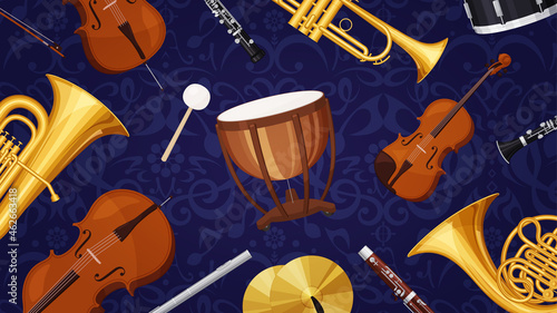 オーケストラの楽器が並んだ背景イラスト_16:9